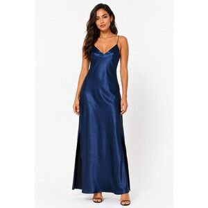 Vtg 90s Niki Livas Maxi Dress Womens 6 Blue Satin Lace Up Back WhimsiGoth